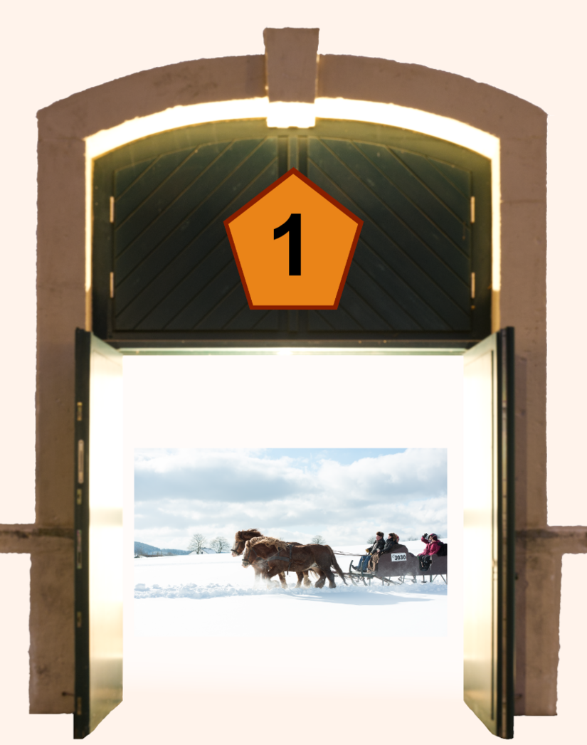 "Adventstor" mit Pferden vor einem Schlitten