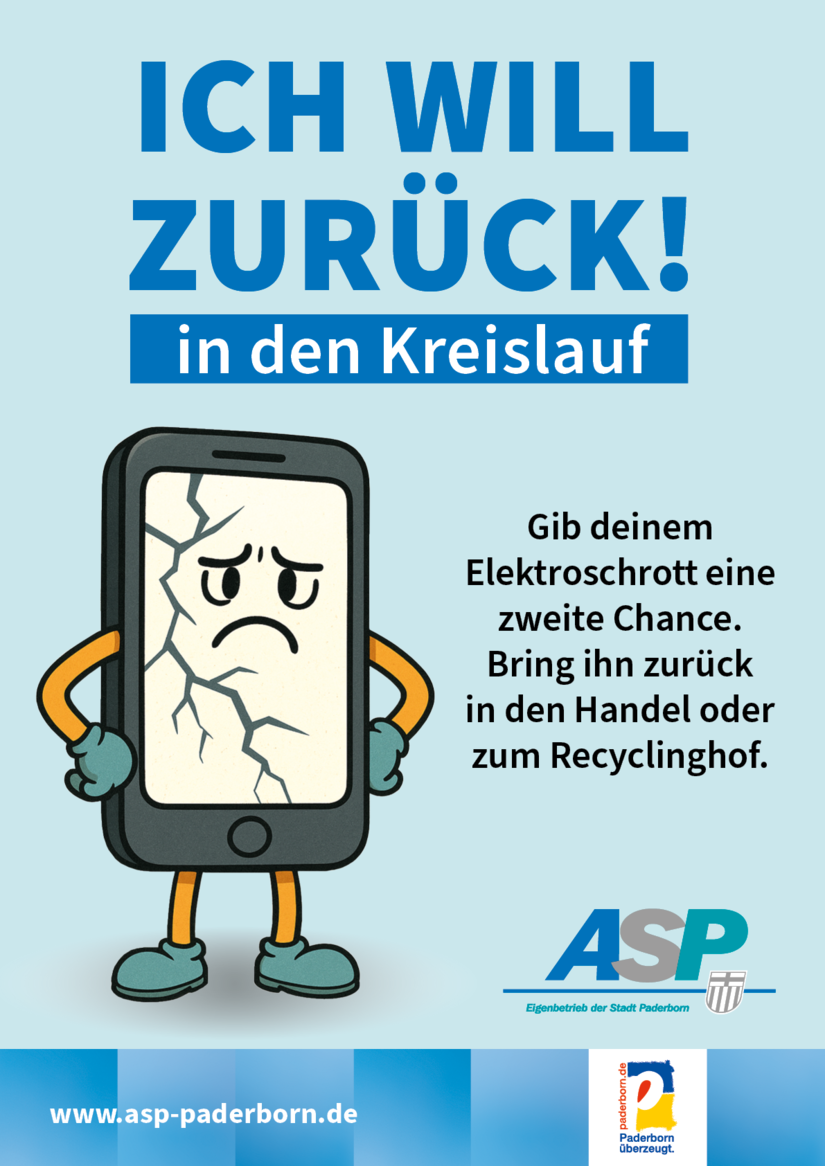 Kampagnenplakat mit Smartphone-Avatar, der wütend ist, weil er zurück in den Kreislauf möchte