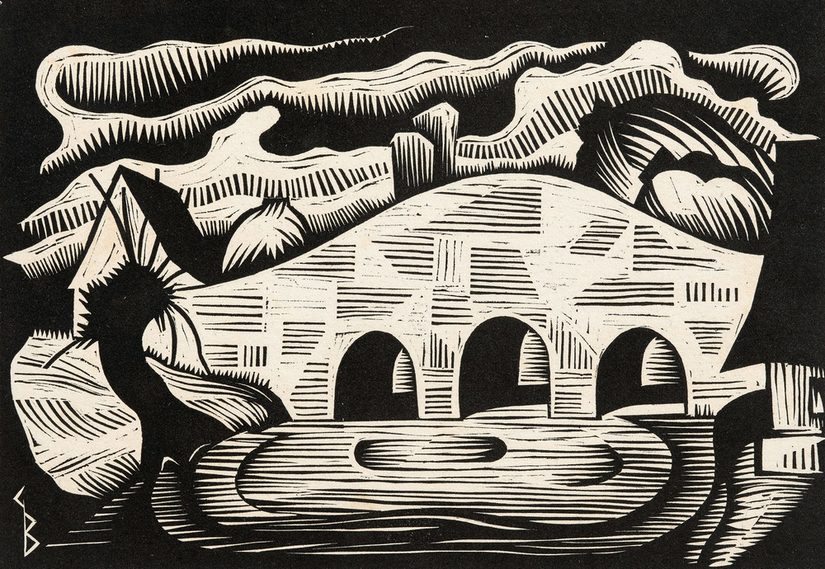 Schwarzweißer Druck, der eine Brücke mit einem Fluss unter ihr.