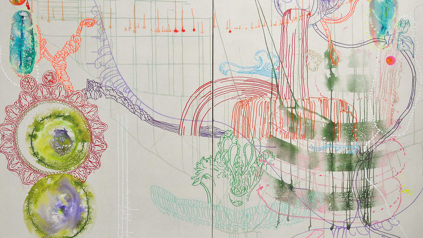 Rechteckiges Bild mit beigem Hintergrund, auf diesem sind bunte, organische Linienformen und wässrige Farbflächen.