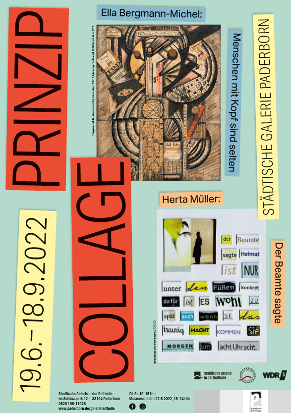 Buntes Ausstellungsplakat mit Titel, Daten und zwei Kunstwerken von Ella Bergmann-Michel und Herta Müller.