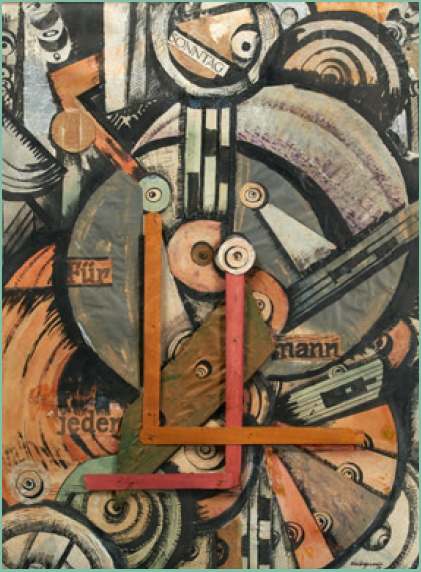 Daten siehe Unterschrift. Hochkante Collage mit übrlagernden runden Formen und den Worten "Sonntag für jedermann" darin verteilt. Graue bis rote Farben.