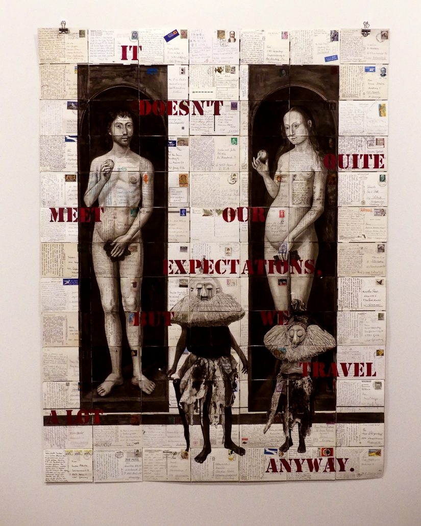 Zeichnung von Adam und Eva auf geschriebenen Postkarten.