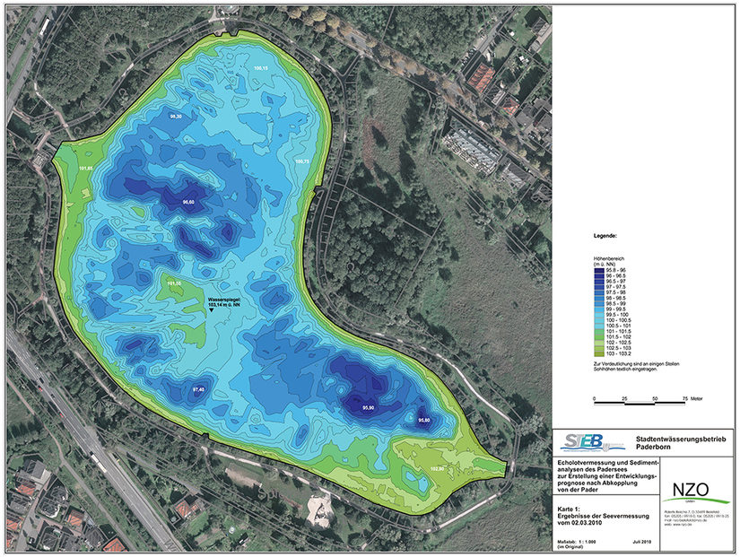 Tiefenschichtenkarte des Padersees im Jahr 2010