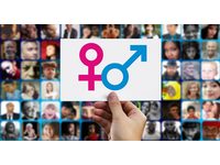 Symbol Weiblich/männlich vor Gesichtsfotografien