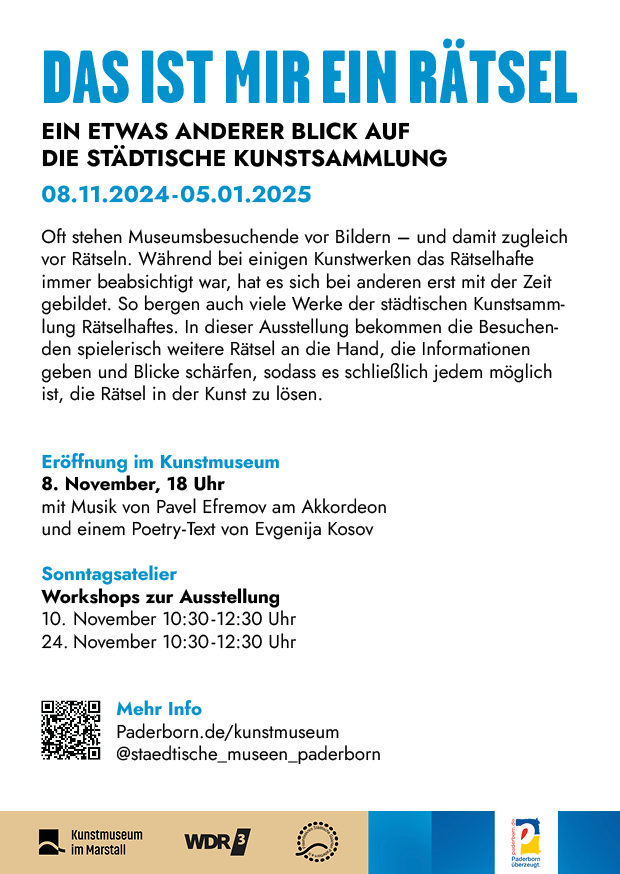 Flyer Rückseite: Eröffnung am 8.11. um 18 Uhr. Kostenlose Workshops zur Ausstellung am 10. und 24.11.2024.