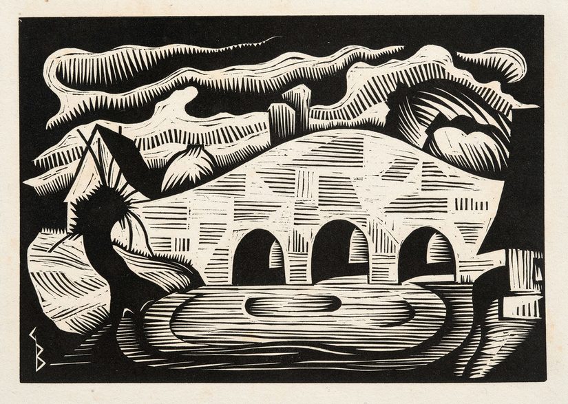 Abstrahierte schwarzweiß Darstellung einer Bogenförmigen Brücke über Wasser.