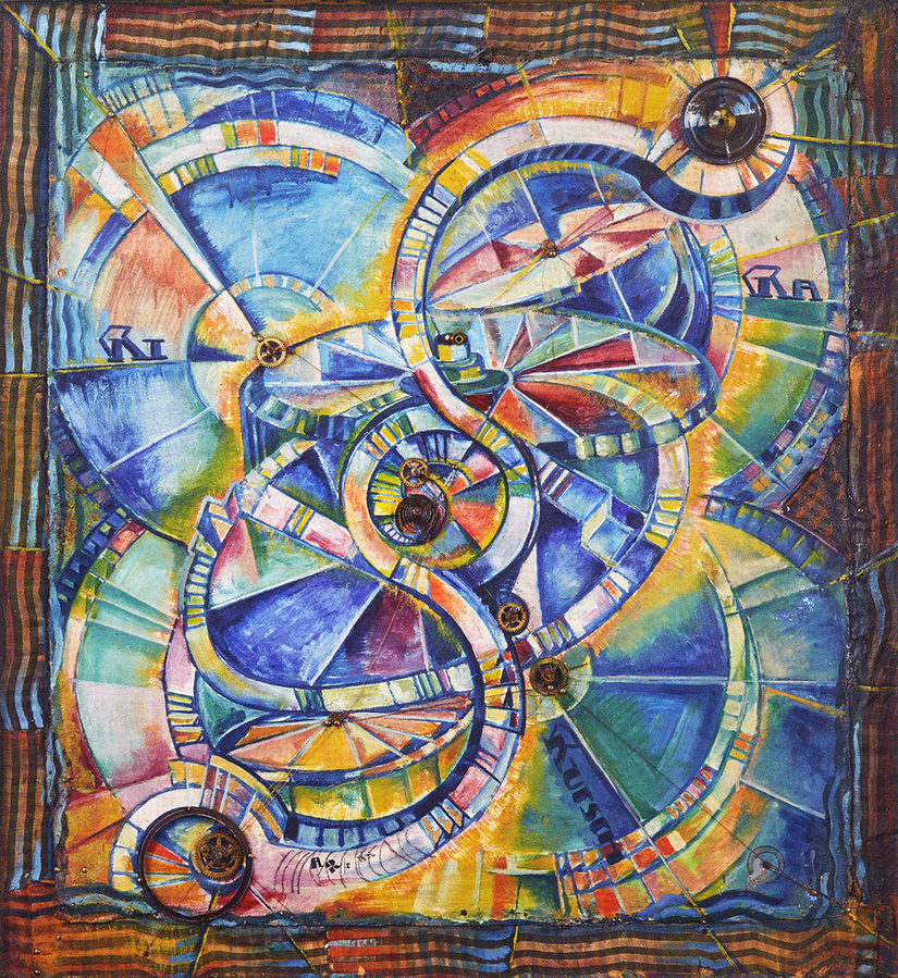 Abstraktes, buntes Bild mit scheibenförmigen Elementen.