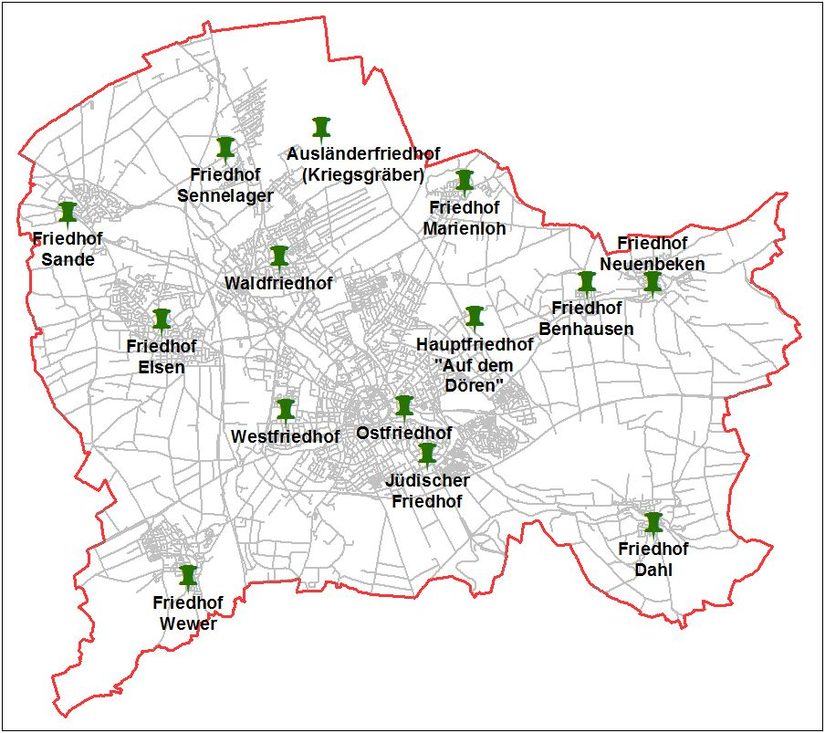 Übersichtslageplan der Paderborner Friedhöfe