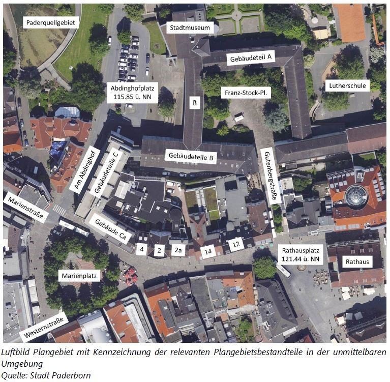 Luftbild Plangebiet mit Kennzeichnung der relevanten Plangebitesbestandteile in der unmittelbaren Umgebung