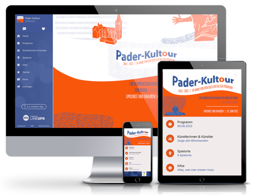 Hier sind Mockups von verschiedenen Geräten mit der Web-App zur Pader-Kultour zu sehen