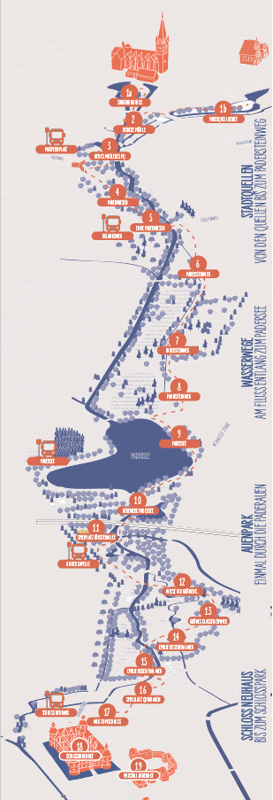 Hier ist eine Übersichtskarte der Veranstaltungsspots während der Pader-Kultour 2024 zu sehen. Die Karte zeigt einen Ausschnitt von den Paderquellem bis zum Schlosspark Schloß Neuhaus.