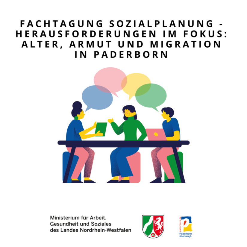 Zu sehen ist das Logo der Fachtagung Sozialplanung 2024 mit dem Logo des Ministeriums für Arbeit, Gesundheit und Soziales des Landes NRW (MAGS) und dem Logo der Stadt Paderborn