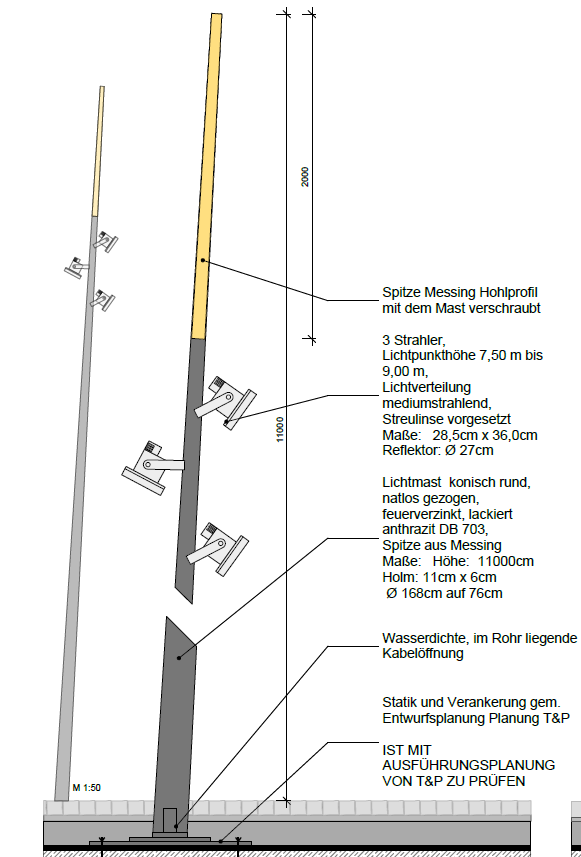 Art der Lichtstelen, wie sie auf den Platzflächen verwendet werden sollen.