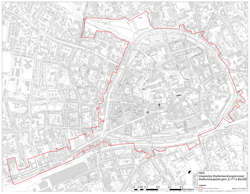 Geltungsbereich des Hof- und Fassadenprogramms. Dieser verläuft entlang des Stadtrings und umfasst zusätzlich den Bereich um die Paderwiesen und die Bahnhofstraße bis zur Kulturwerkstatt.