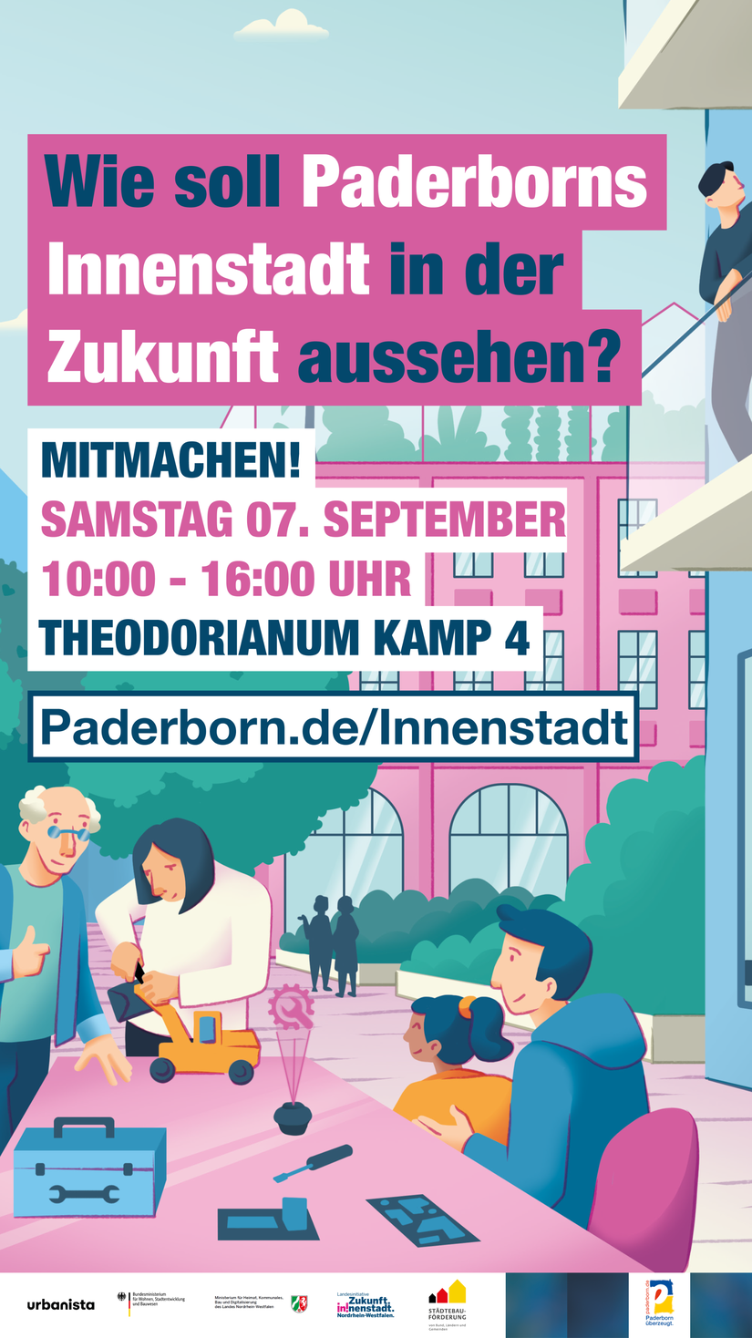 Plakat zum Innenstadtcamp, Samstag 7.9., 10:00-16:00, Theodorianum, www.paderborn.de/innenstadt